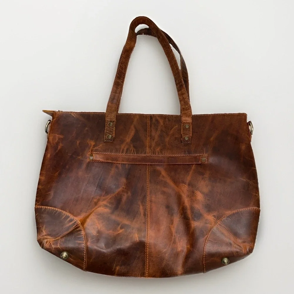 Sixtease Distressed Brown Leather Tote Shoulder Bag Rustic Boho Large